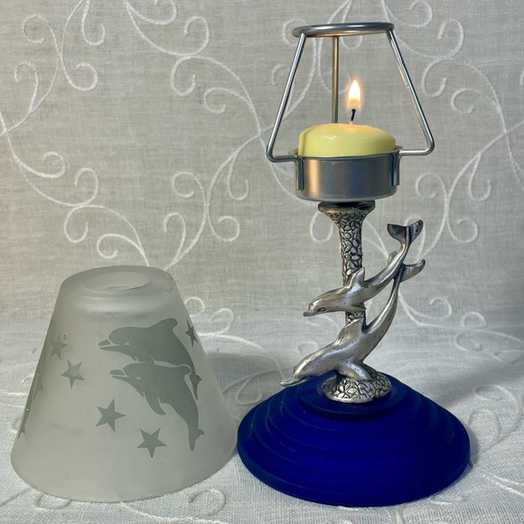Vintage Dual Ocean Dolphin Tealight Holder Cobalt Blue MCM Glass Base - Picture 4 of 8